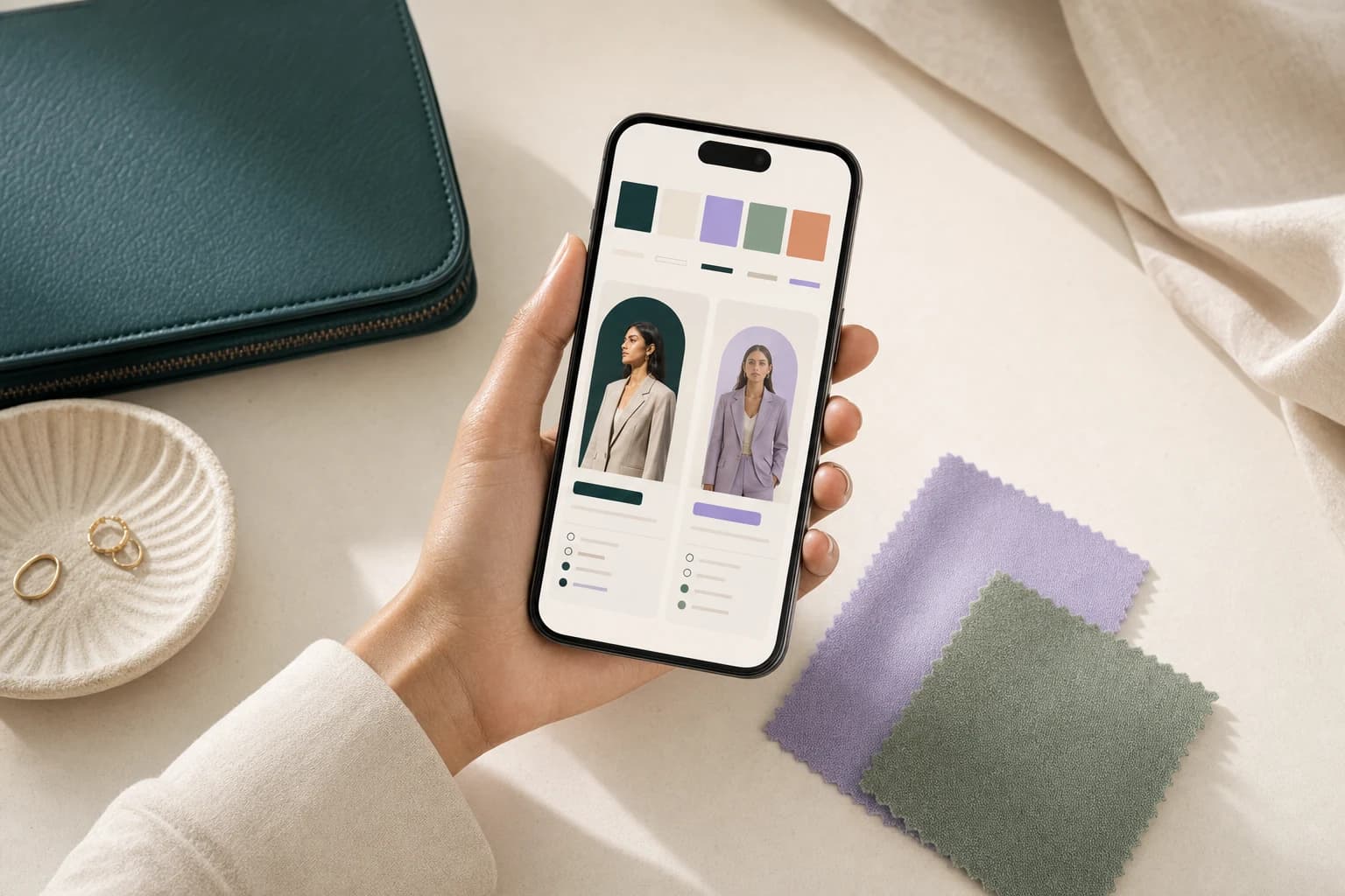 Hand holding a phone with a fashion comparison interface beside fabric swatches
