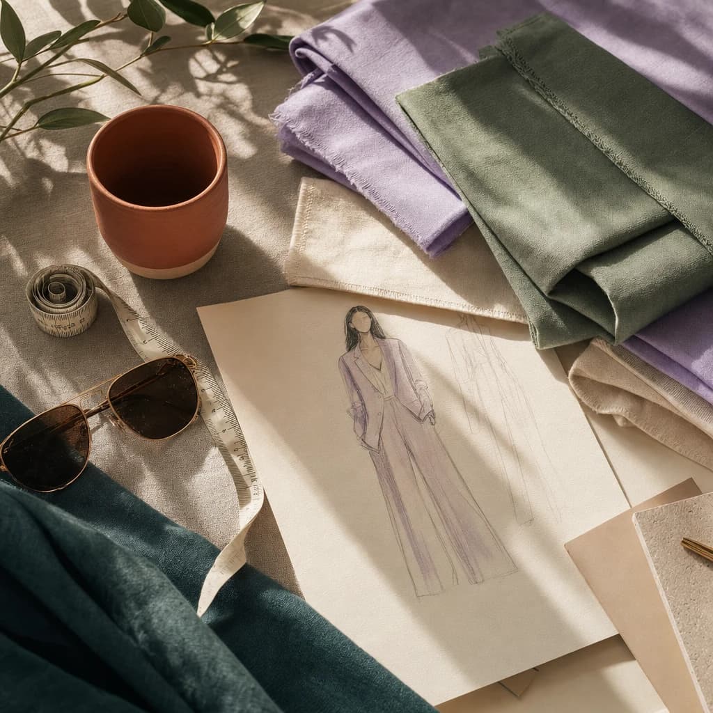 Lavender, sage, and ivory fabric swatches beside an outfit sketch